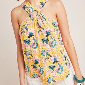 Anthropologie Maeve Mica Sleeveless Blouse Yellow Floral Halter Neck Size 4